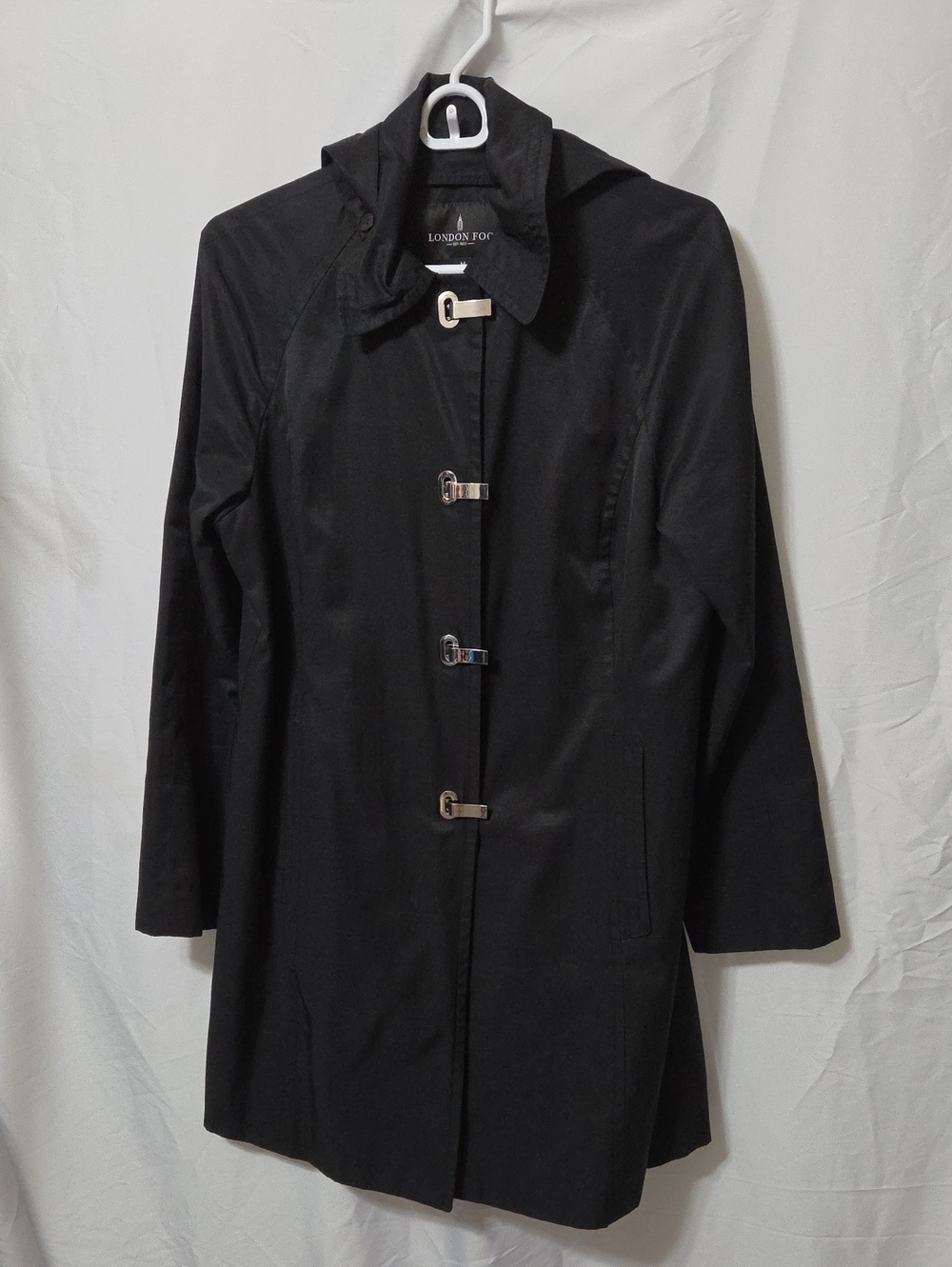 Black Hooded Toggle-Front Trench Coat Jacket w/Pockets, Size Medium, Like New
